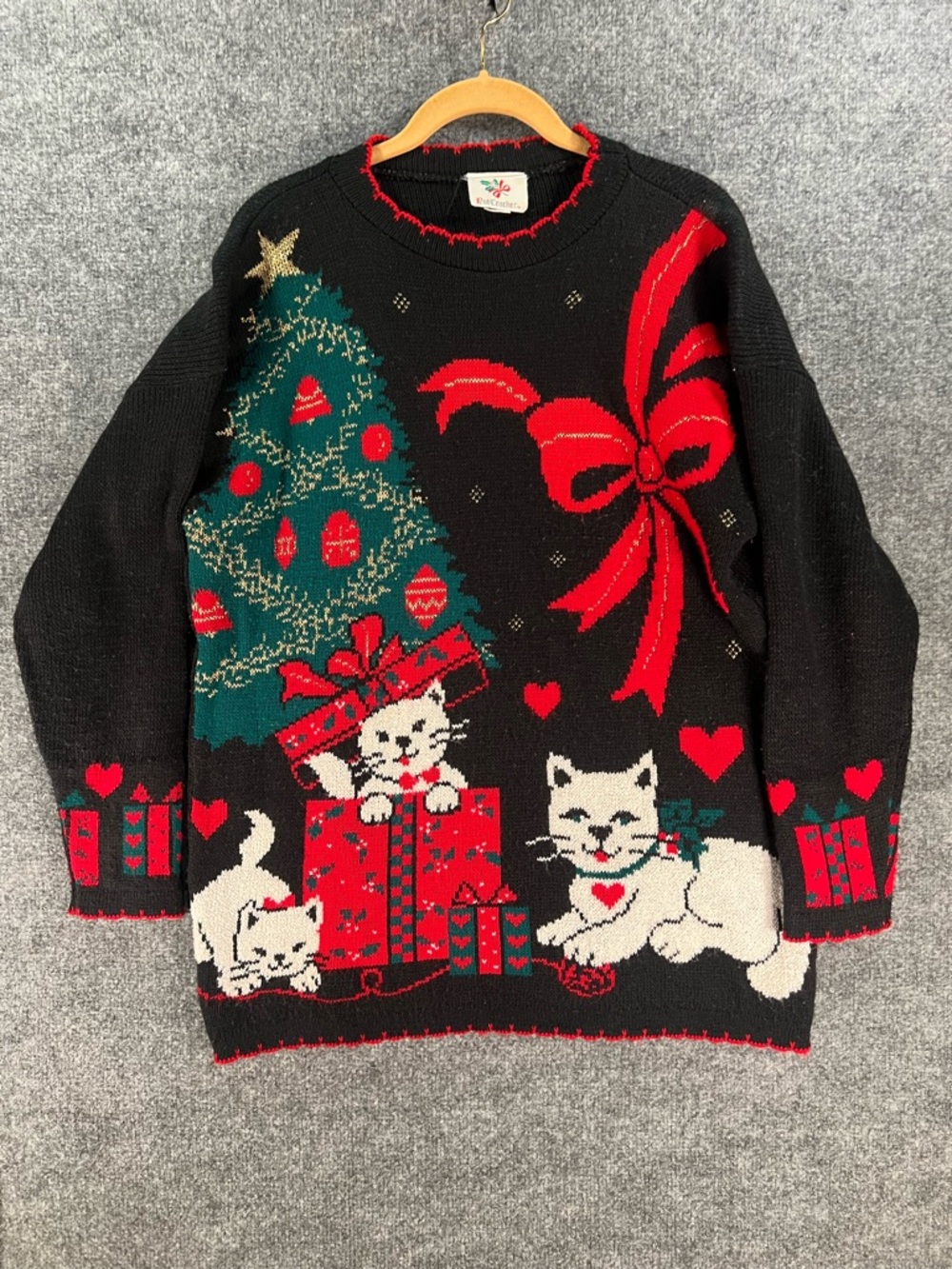 Vintage 90s Christmas Cats Kittens Tree Presents Bow Sweater Tunic USA Size M